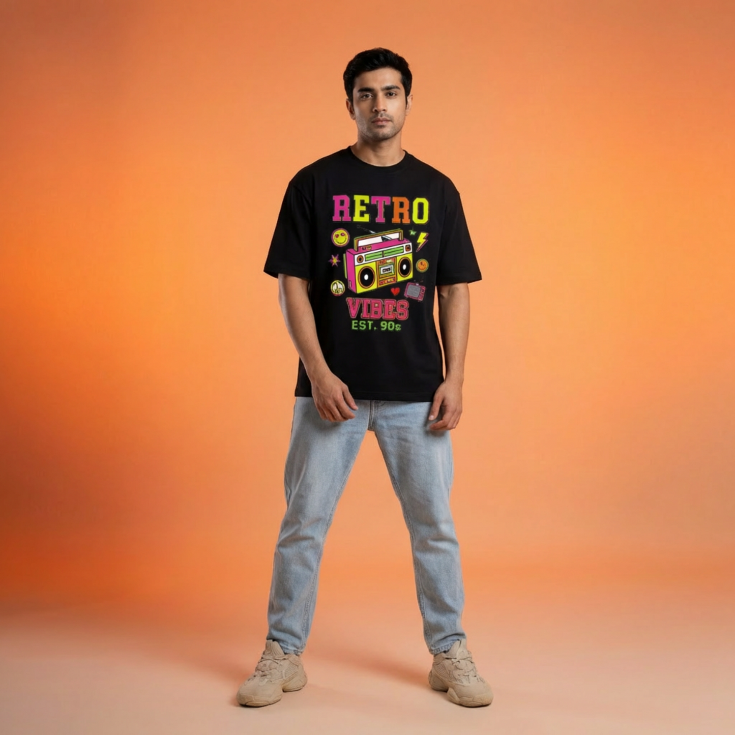 Retro Vibes Oversized T-Shirt Full View - Drop Shoulder Relaxed Fit