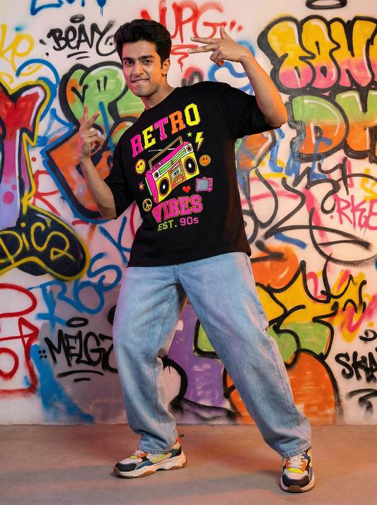 Retro Vibes Oversized T-Shirt Black - Vintage Graphic Streetwear